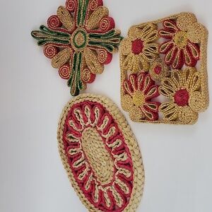 3 Vintage Wicker Straw Hot Pad Trivets Woven Rattan Raffia Boho Colorful